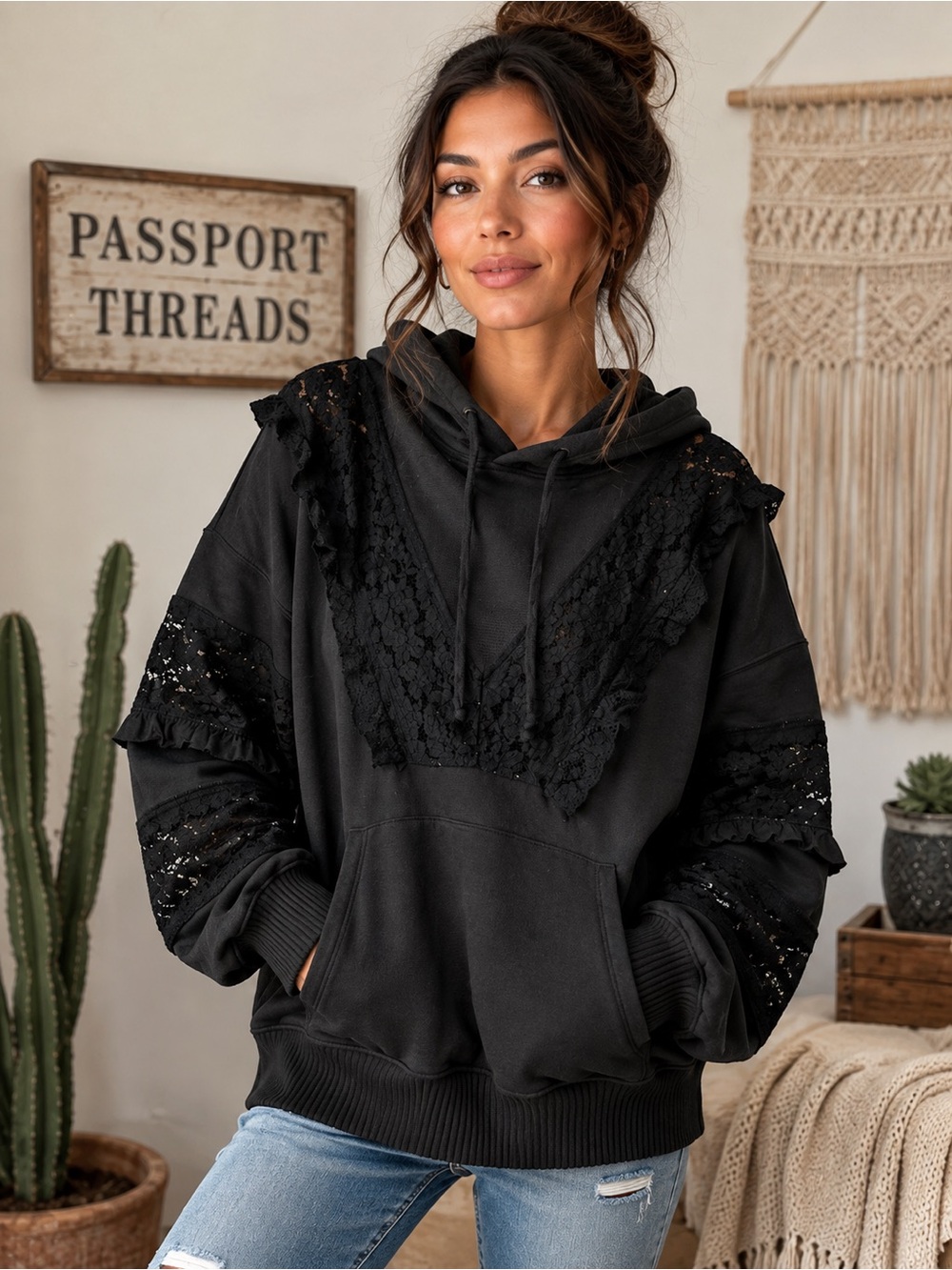 Free People FP Movement Studio Tunic Hooded Lace Trim Sweatshirt NWT